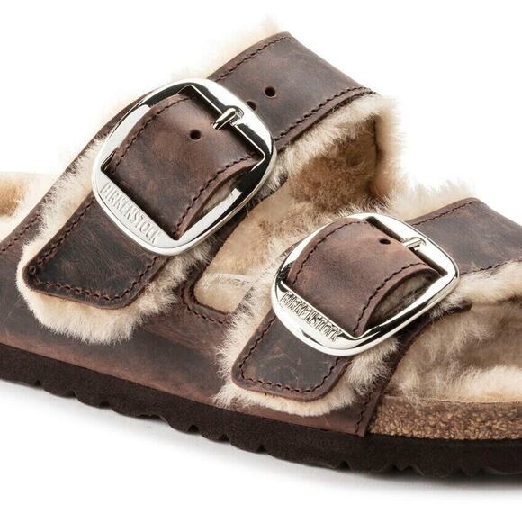 Birkenstock Arizona Big Buckle Shearling Oiled Leather Brown Sandals US M10 EU43 - Picture 3 of 5